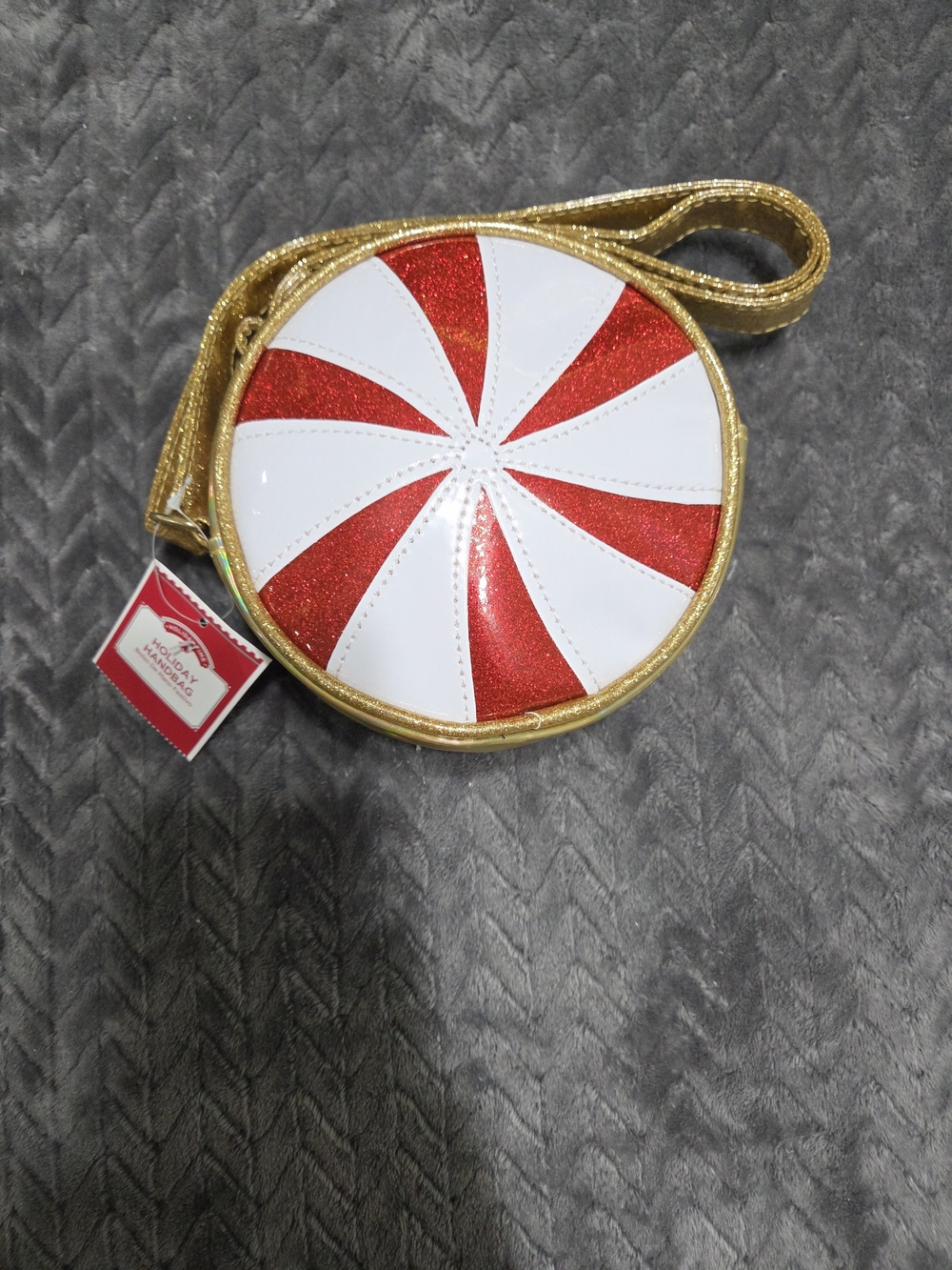 Holiday Time Red, White & Gold Peppermint Round Crossbody Bag